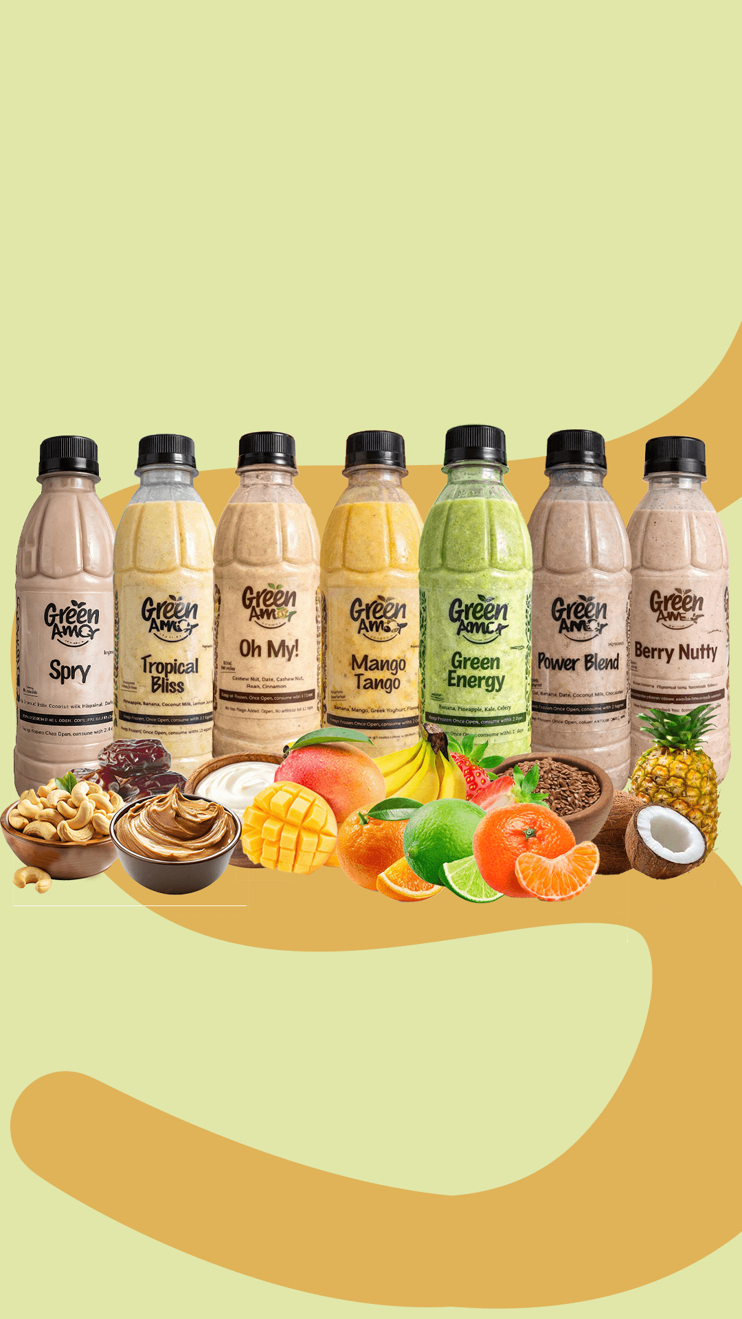 Green Amor signature smoothies including Mango Tango, Green Energy, and Berry Nutty