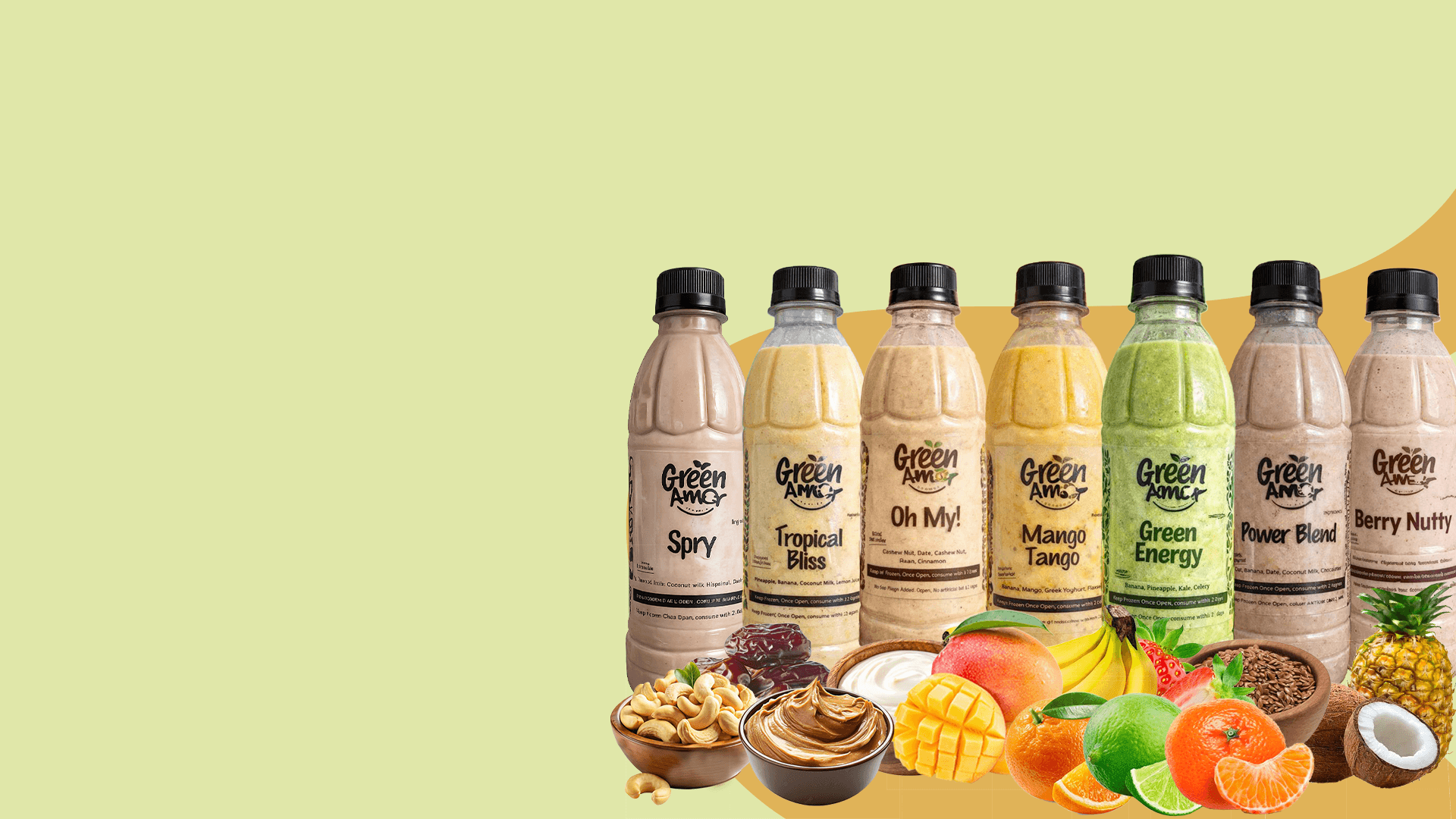 Green Amor signature smoothies including Mango Tango, Green Energy, and Berry Nutty